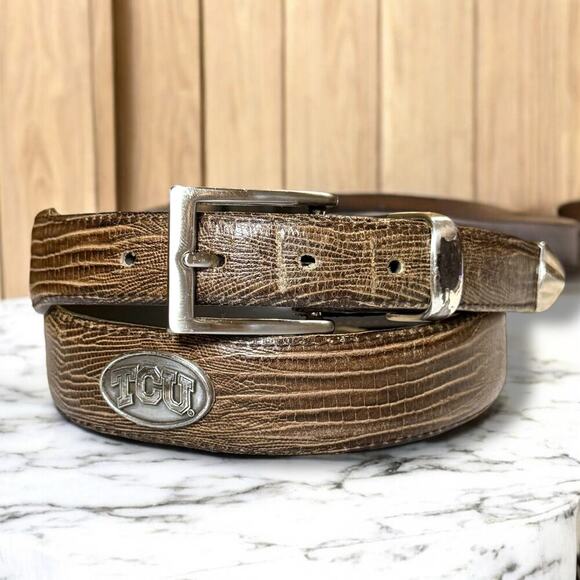 TCU Brown Lizard Embossed Leather Belt Mens Preppy Silver Tone Concho Size 36